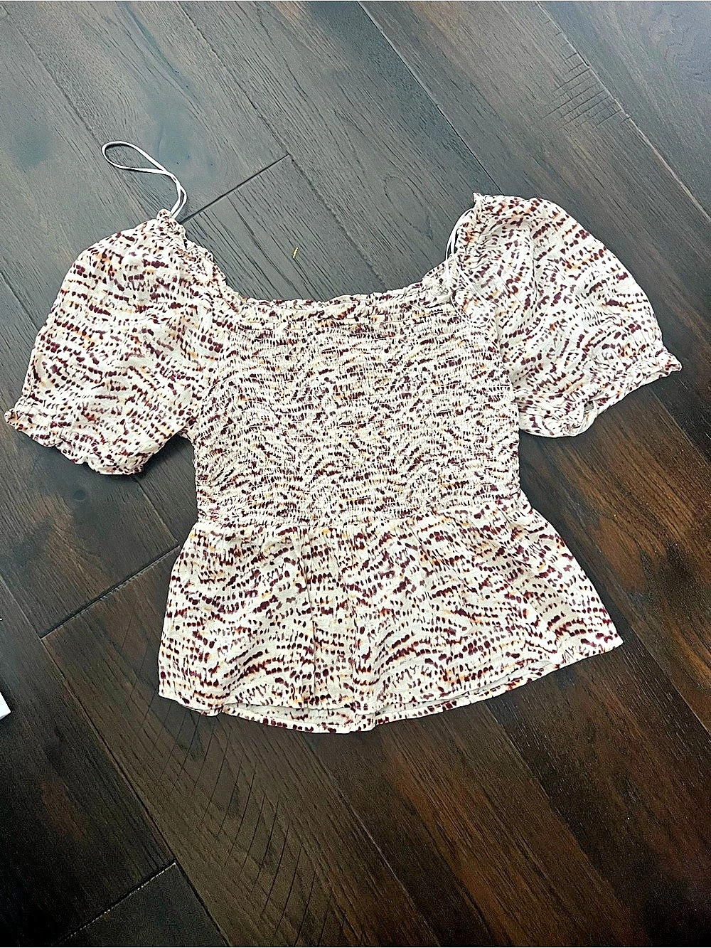 Smocked bodice tie dye neutral top